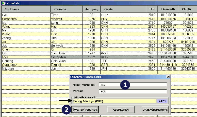 Suche in ClickTT-Teilnehmerliste