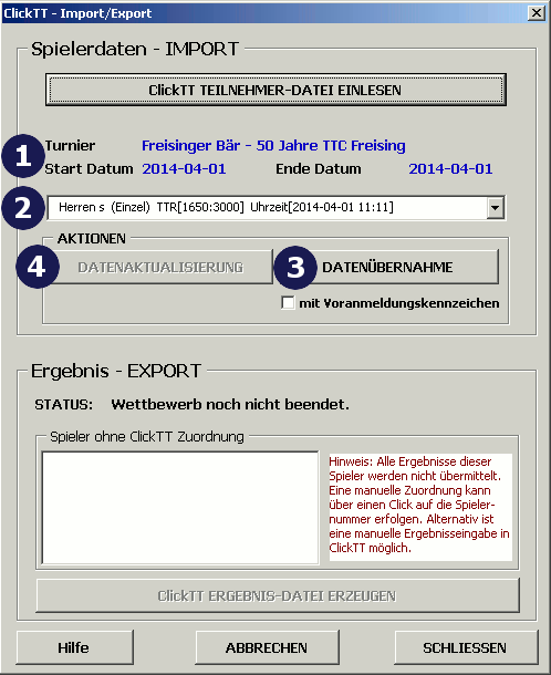 ClickTT Wettbewerb auswählen und Teilnehmerdaten übernehmen